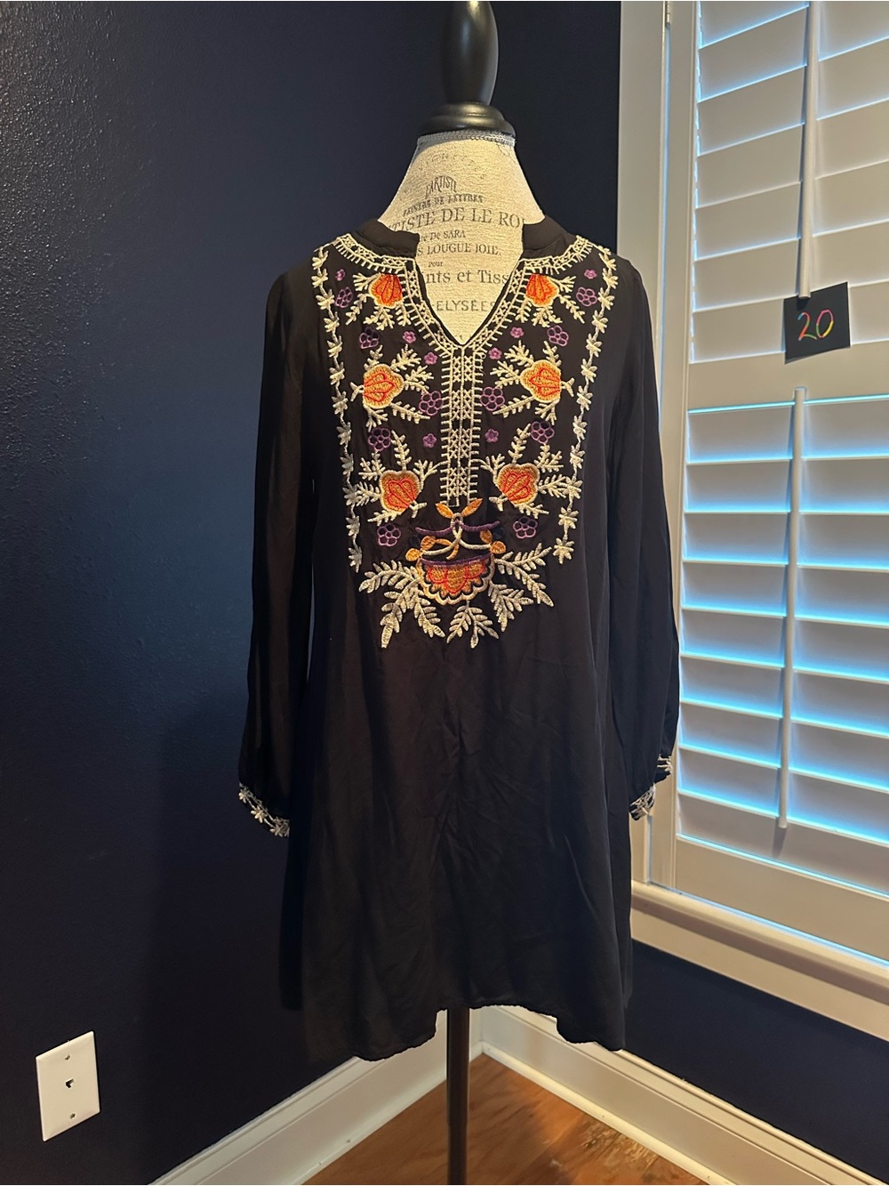 SHEIN Black Embroidered Floral V-Neck Swim Coverup 100% Cotton